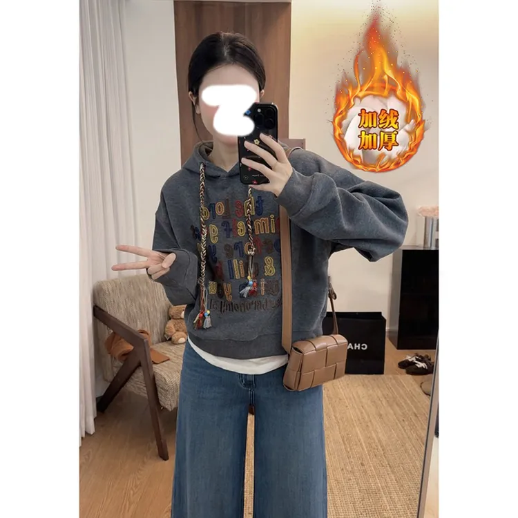 韩版复古字母刺绣连帽卫衣女冬季2025年新款加绒加厚套头长袖上衣