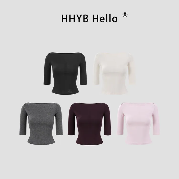 HHYB Hello【售完不补】一字领修身中袖T恤短款小上衣 250648
