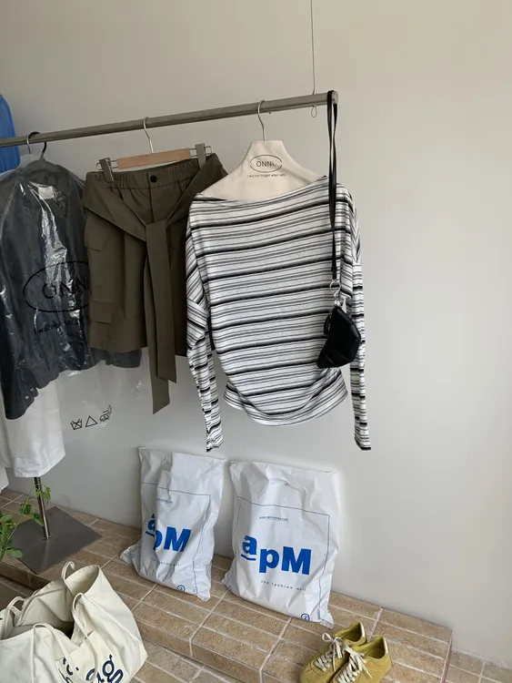 一字肩长袖打底条纹上衣通勤老钱风T恤圆领时尚夏季韩版939