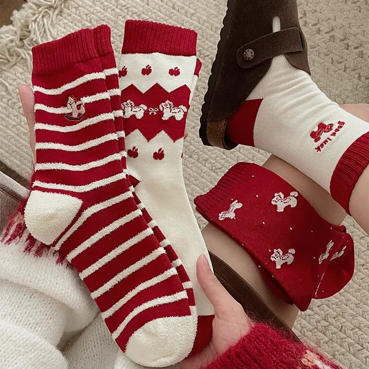 马年本命年红袜子女新年结婚喜庆中筒袜ins潮可爱卡通小马堆堆袜