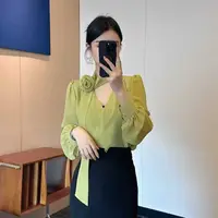 【海南简爱】气质长袖衬衫玫瑰胸花飘带法式V领上衣T01