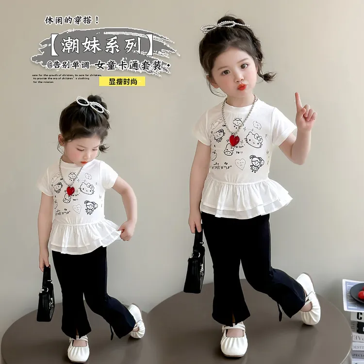 显瘦洋气女孩新款休闲识恩系列上衣时尚黑白套装宽松透气舒适短袖