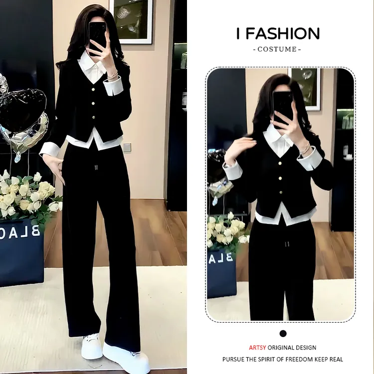 小个子时尚气质套装女2025秋季新款设计感假两件上衣长裤两件套潮