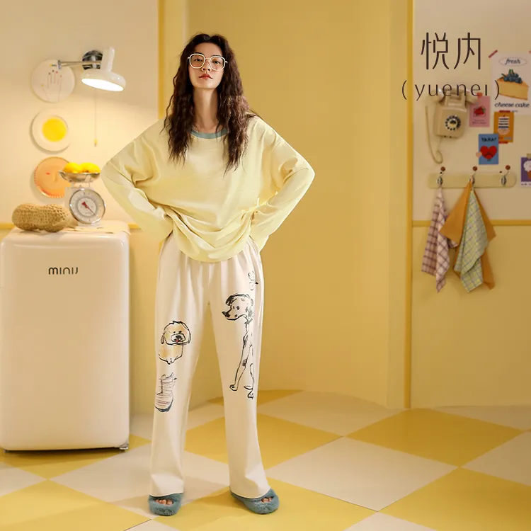 悦内睡衣女春秋款秋季纯棉长袖家居服时尚圆领条纹宽松卡通狗套装