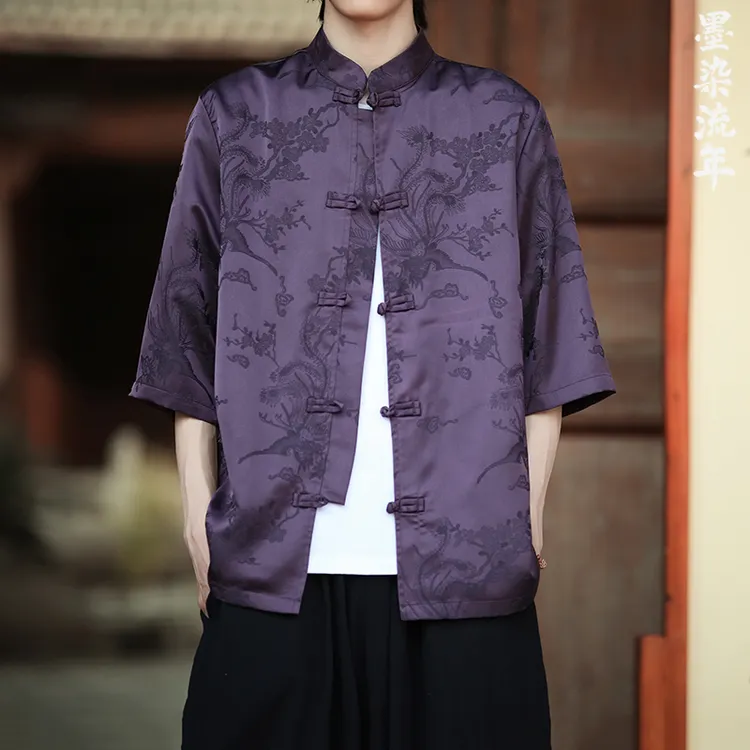 新中式唐装中国风夏季薄款冰丝短袖衬衫复古提花汉服大码男士衬衣