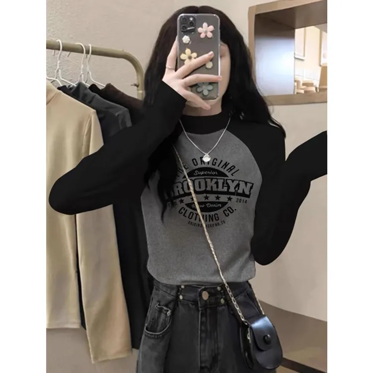 德绒加绒加厚保暖半高领长袖T恤女秋冬季磨毛内搭插肩上衣打底衫