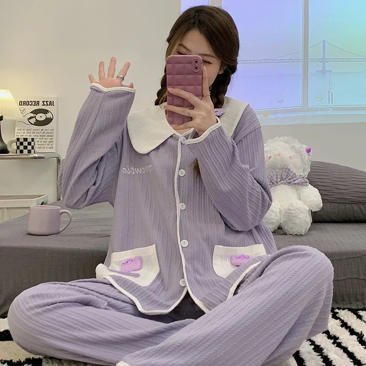 春秋季纯棉长袖吸汗透气睡衣女套装可爱甜美夏薄款女士提花家居服