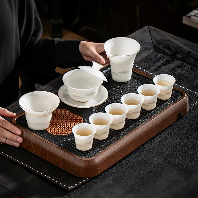 璞玉冰种玉瓷高档雾山功夫茶具套装家用办公室盖碗茶盘茶杯礼盒装