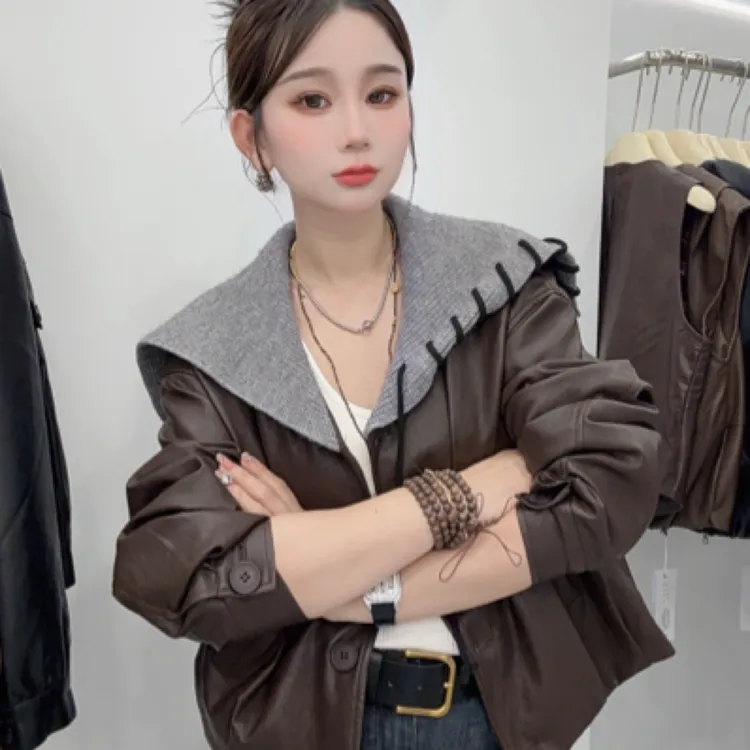 【暖暖专属】早秋新款设计感海军领皮衣夹克女休闲显瘦短款外套