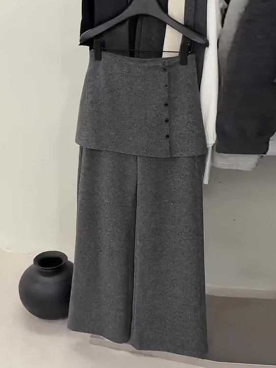 加绒可拆卸毛呢屁帘裤女2025秋冬流行新款高腰小众百搭休闲阔腿裤