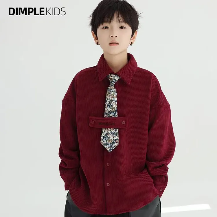 新中式儿童拜年服男童灯芯绒外套秋冬2024中大童加绒加厚衬衫上衣