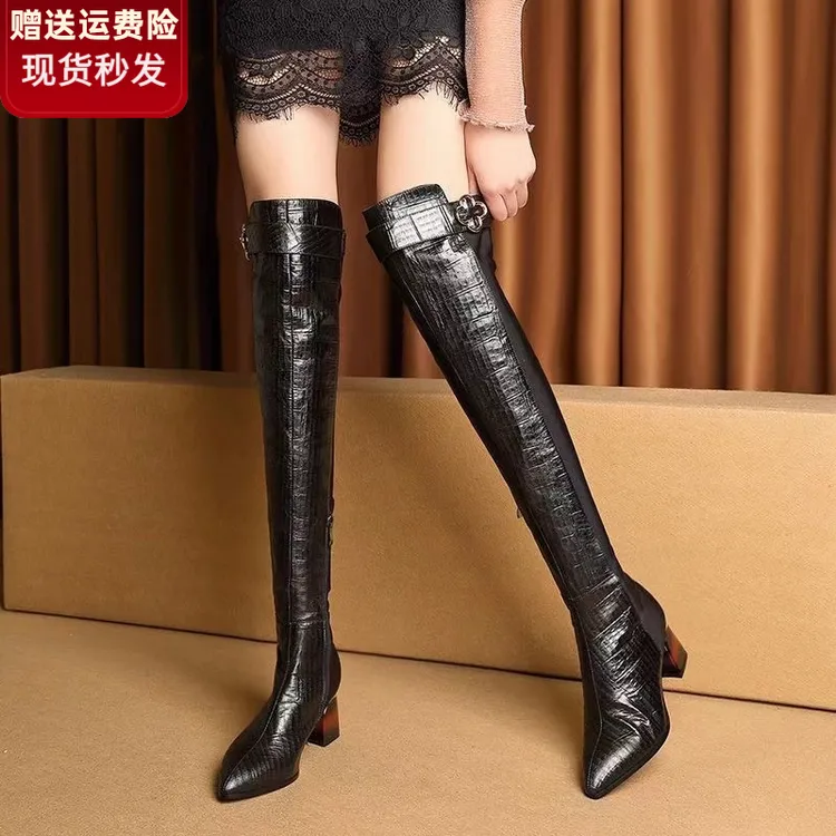 软皮过膝长靴女2025冬新中跟显瘦高筒弹力靴粗跟骑士靴高跟瘦瘦靴