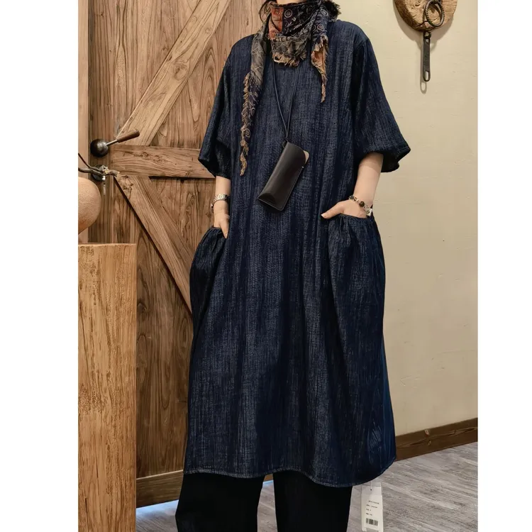 复古设计感百搭牛仔连衣裙显瘦蓝色时尚宽松中长款休闲气质长裙
