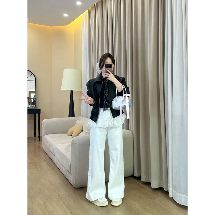 【现货】6699#白色高腰阔腿牛仔裤女宽松春季新款高端直筒裤子女