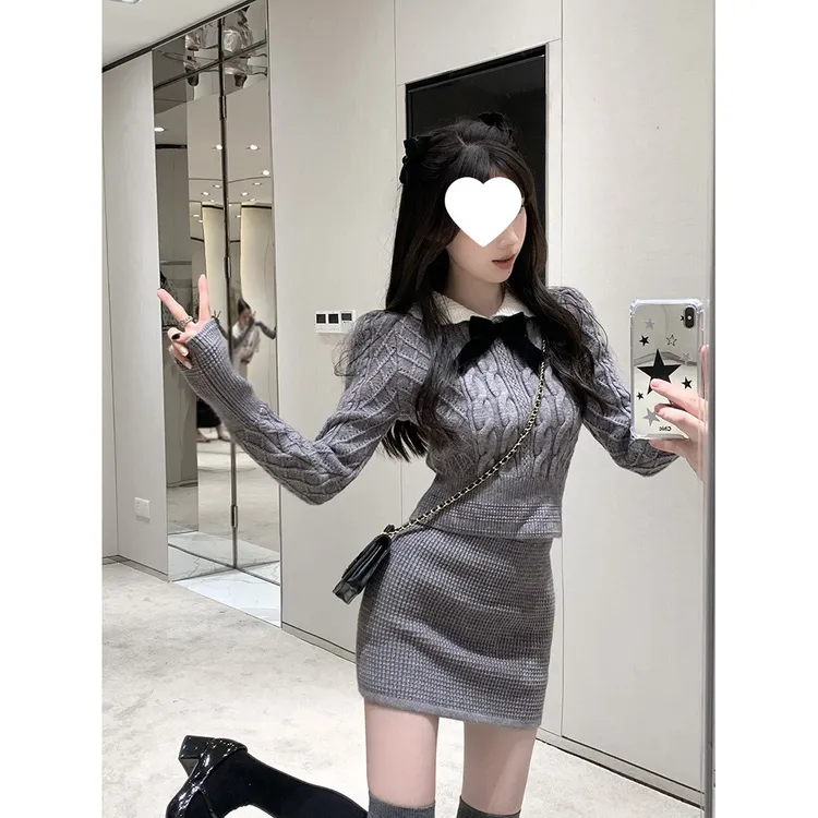 复古时尚针织套装女蝴蝶结毛衣上衣秋冬半身裙甜辣两件套