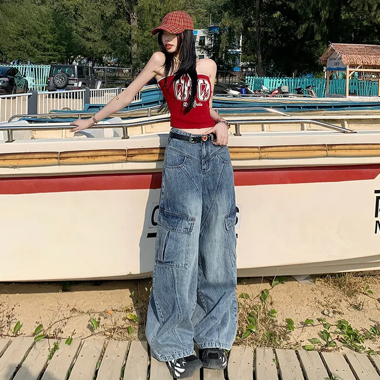 高质量爆款美式玛莉复古斜线分割设计阔腿牛仔裤工装裤女高腰裤子