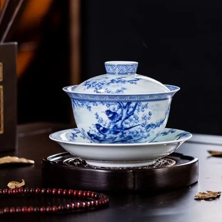 景德镇陶瓷盖碗喜上眉梢三才盖碗青花瓷釉下彩功夫茶具泡茶碗三件