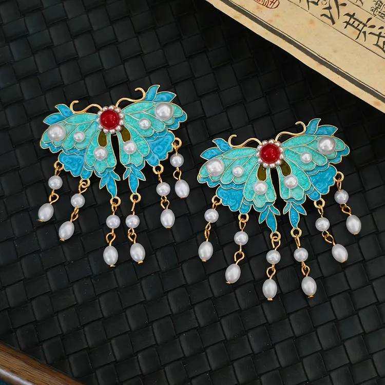 新中式古风蝴蝶仿珍珠流水发夹女古典国风侧边汉服发饰发夹鸭嘴夹