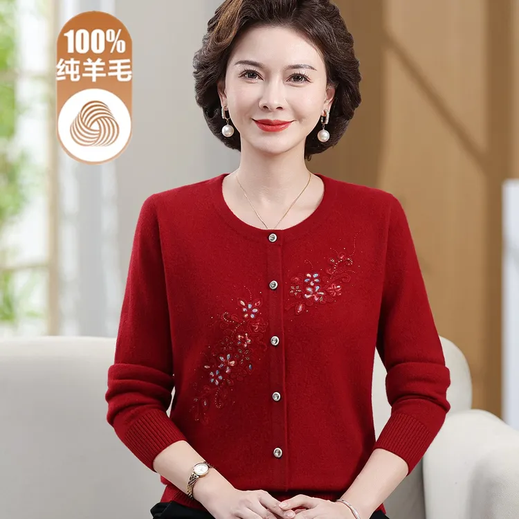 100%纯羊毛开衫毛衣外套女2025秋冬新款中老年人妈妈冬装针织衫