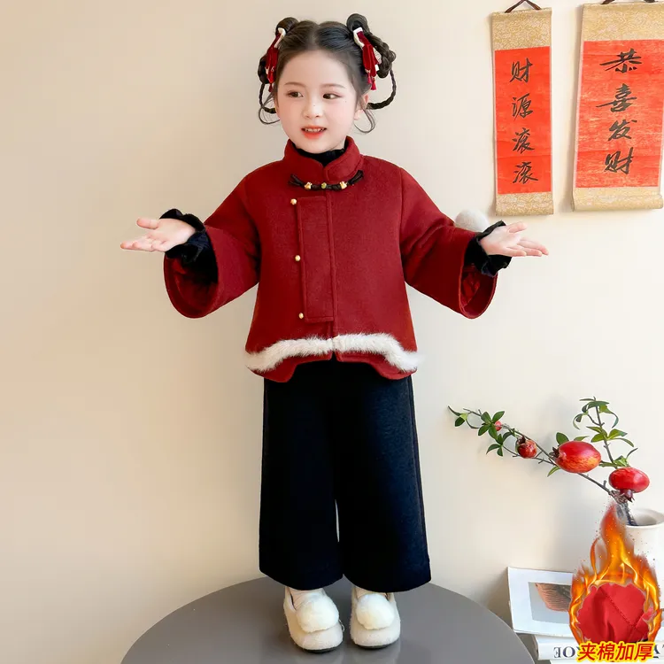 女童冬款加厚新中式拜年服套装2025新款女宝宝喜庆红色唐装三件套