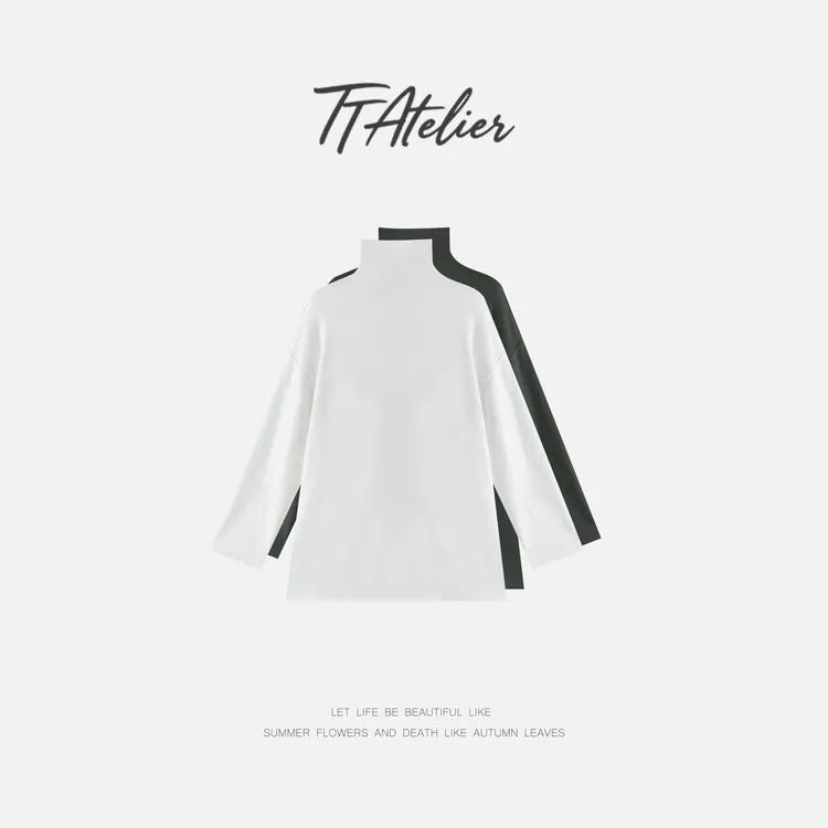 TT设计师【霜月】气质时尚落肩袖毛边天丝羊毛高领打底衫TT191518