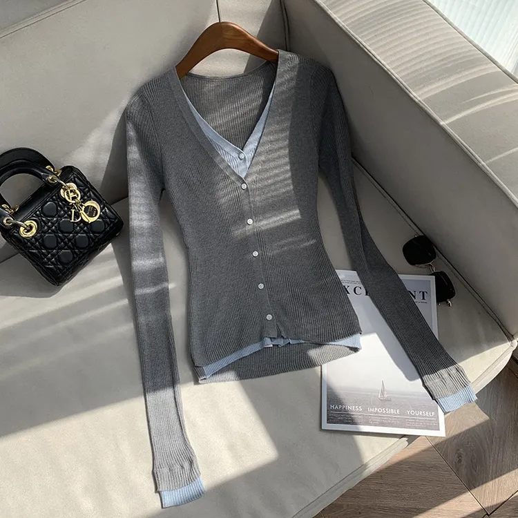 【南油溪溪】法式拼色假两件针织衫V领开衫显瘦洋气减龄上衣801069