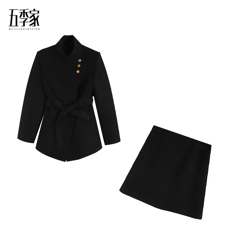 五季家大码显瘦黑色羽绒上衣+黑色短裙两件套ZL114943