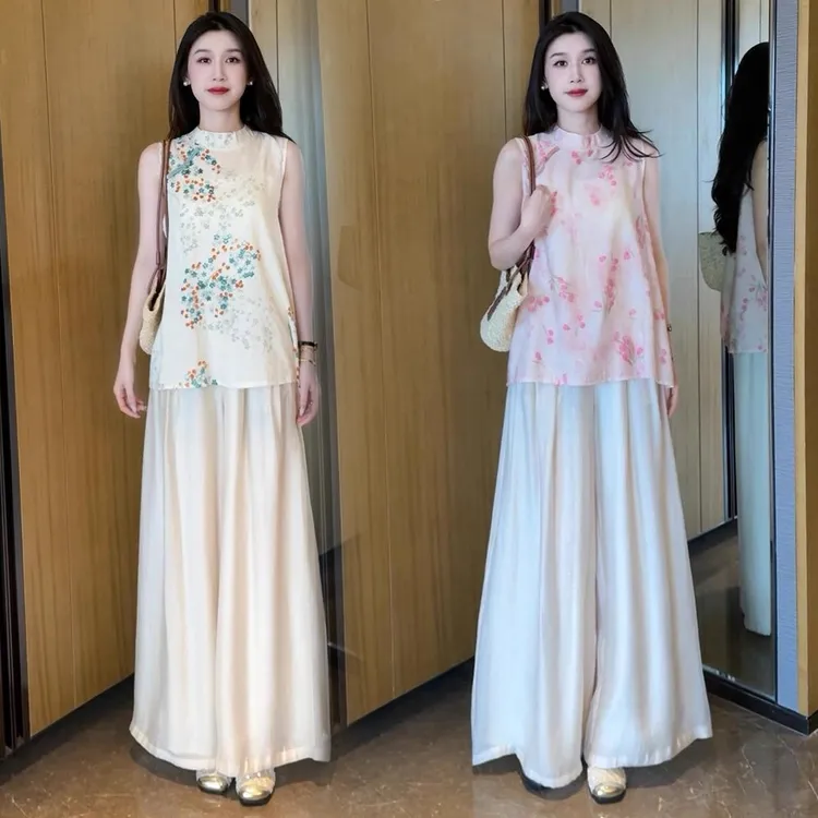 新中式国风套装女2025夏季新款时尚气质无袖印花上衣阔腿裤两件套