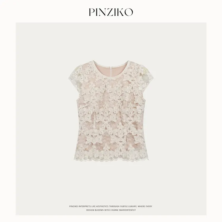 pinziko神女~圆领重工股线绞花蕾丝短袖上衣夏季小衫TJG207
