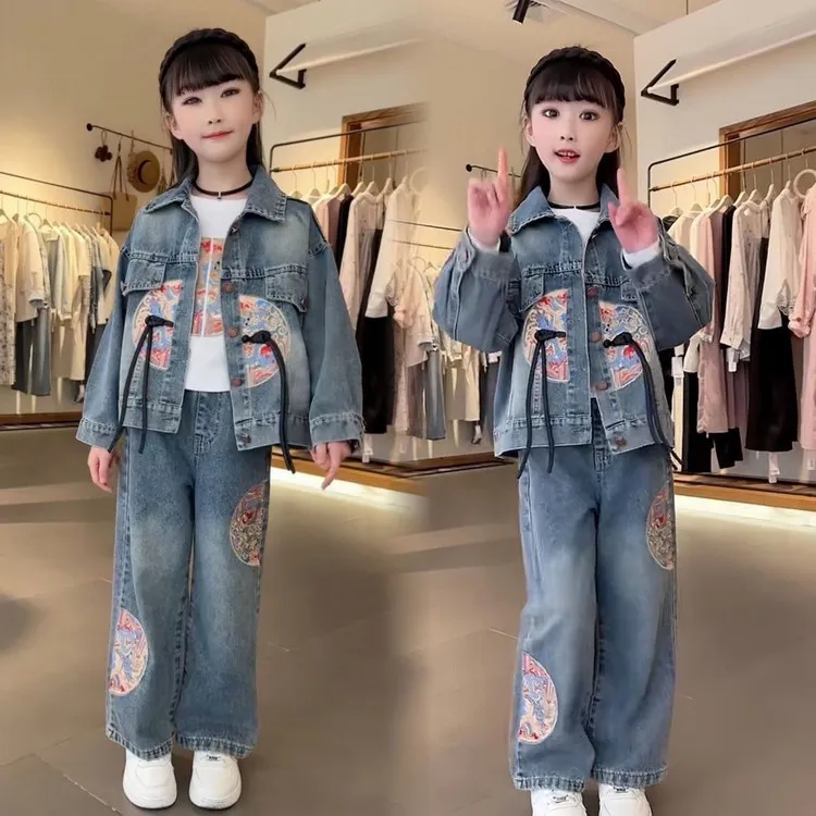 女童春装国风套装2025春秋新款儿童牛仔洋气复古中式春秋两件套
