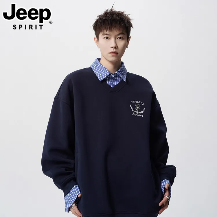 JEEPSPIRIT吉普假两件衬衫领卫衣男美式学院风情侣上衣设计感外套