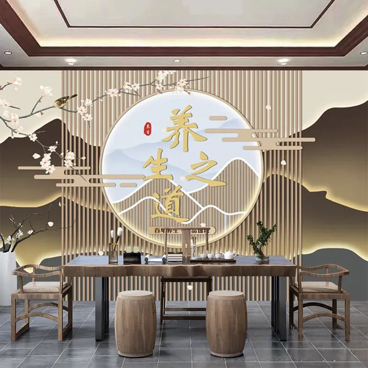 中医养生背景墙纸养生馆吧台装饰壁纸理疗店美容院前台定制壁画