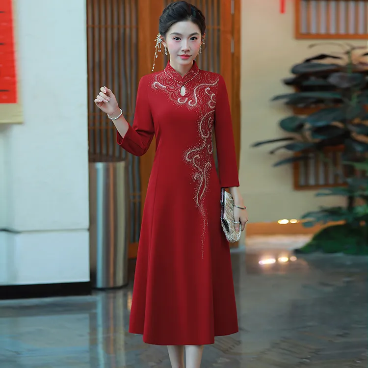 红色中式喜婆婆婚宴装结婚年轻妈妈气质改良旗袍敬酒礼服春秋裙女