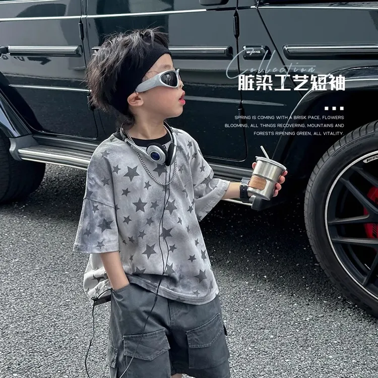 男童纯棉夏款打底衫2025新款脏染星星印花短袖儿童时尚潮流上衣