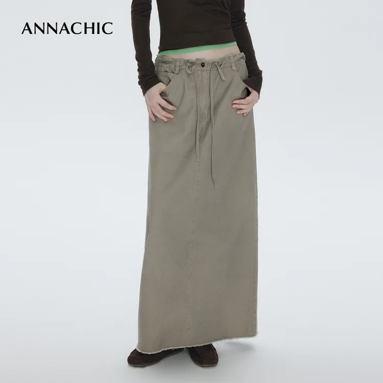 ANNACHIC“淡人裙”_水洗纯棉抽绳调节半身裙H型遮胯显瘦直筒长裙