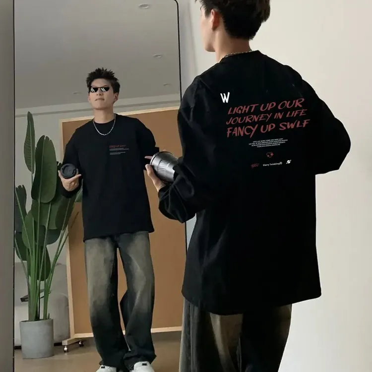 重磅纯棉螺纹袖口印花上衣长袖T恤男春秋季薄款打底衫ins宽松圆领