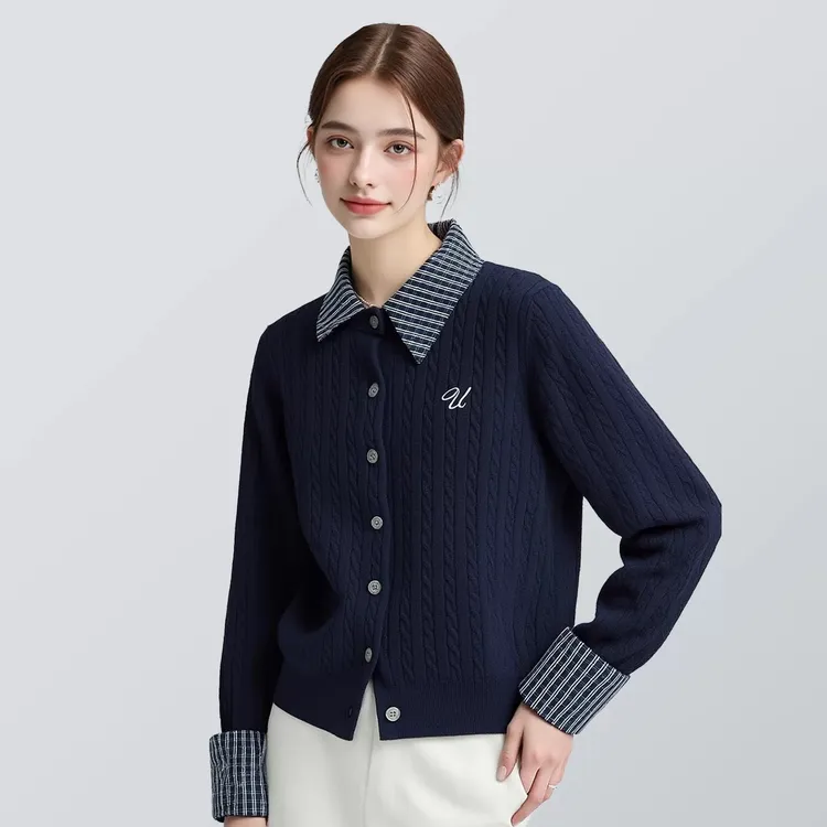 25秋冬新款学院风假两件格子拼接翻领针织刺绣开衫女毛衣外套上衣