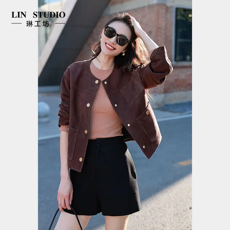 【小羊皮】琳工坊“若章”棕色外套气质显瘦百搭复古时尚唐琳设计师