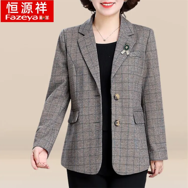恒源祥彩羊妈妈春秋休闲格子外套新款小西装中老年人西服外套上衣