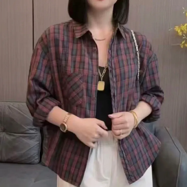 2025新款女士秋季长袖休闲衬衫时尚宽松显瘦减龄百搭格子衬衣862
