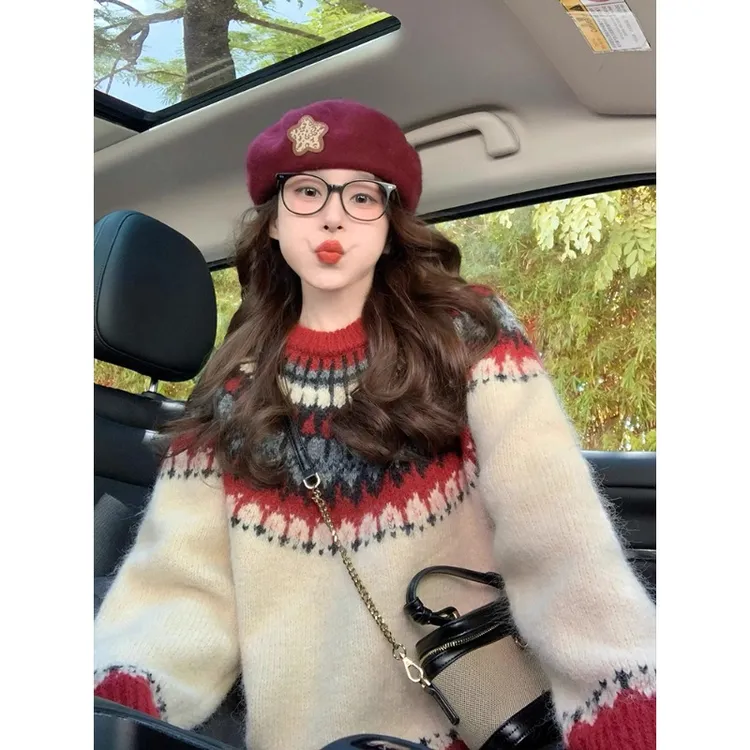 费尔岛毛衣女2026秋冬季加厚新款复古提花设计感高级慵懒风针织衫