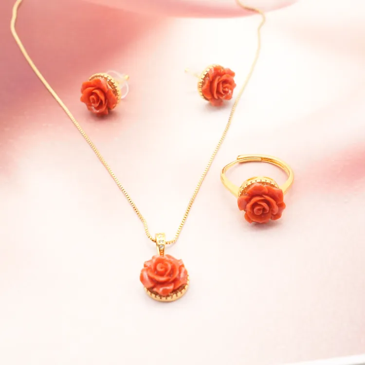 合金珐琅耳饰 秋冬新款雕花精致耳环戒指套装时尚红色精美花戒