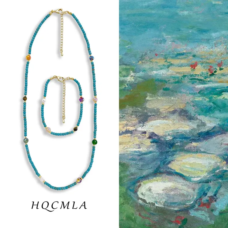 坠链均800银玻璃 新中式蓝色串珠项链玻璃珠手链锁骨链项链气质