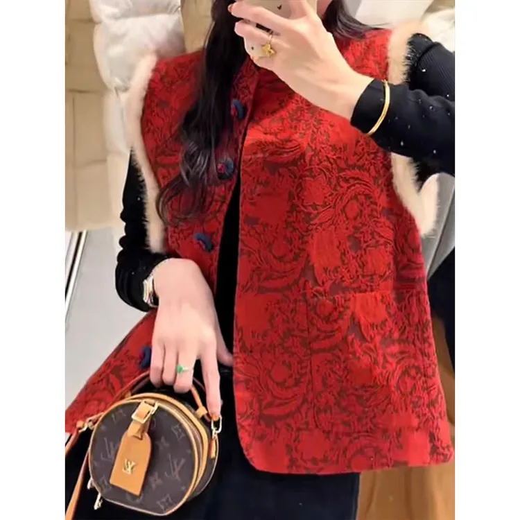 新中式加棉加厚女装新春红提花马甲毛领宽松保暖款上衣马夹624-3