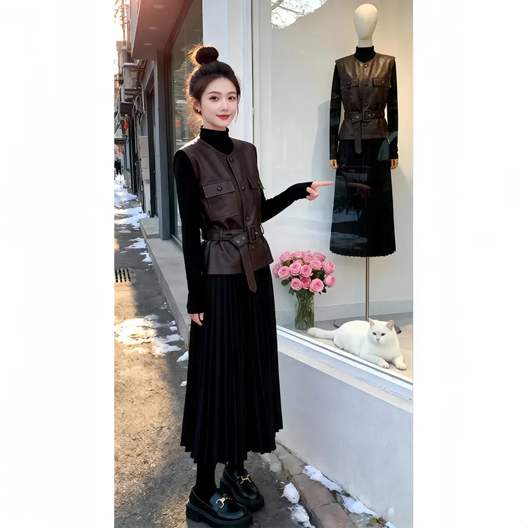 香朵儿【浮云拿铁】设计感套装女2026冬季马甲百褶裙显瘦两件套