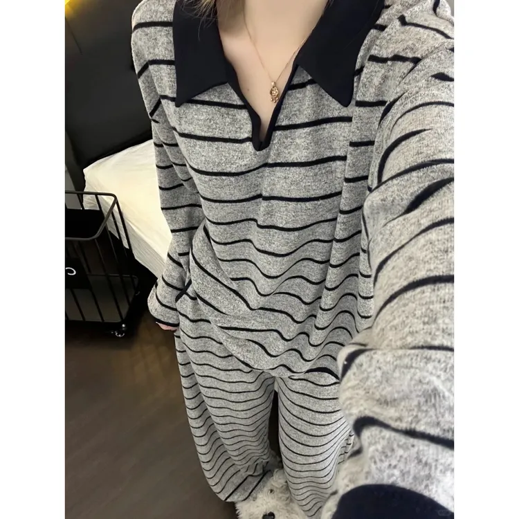 慵懒风简约条纹睡衣女韩系春秋新款长袖长裤显瘦可外穿家居服套装