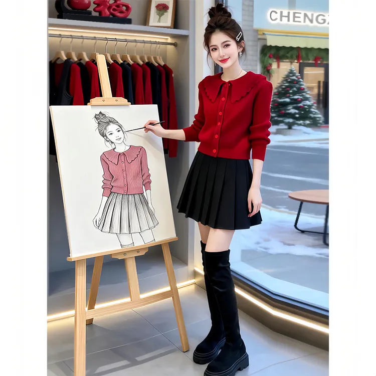 复古轻甜风显白修身针织衫女装2026秋冬季新款复古慵懒柔暖感上衣