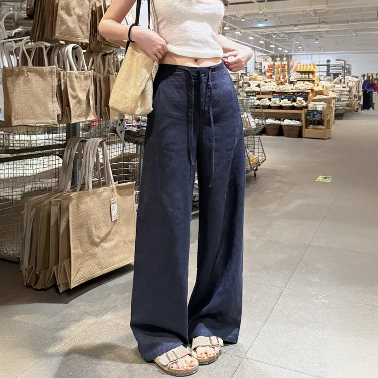 藏青色棉麻感休闲裤女夏季薄2025新款松弛感慵懒风防晒冰丝阔腿裤