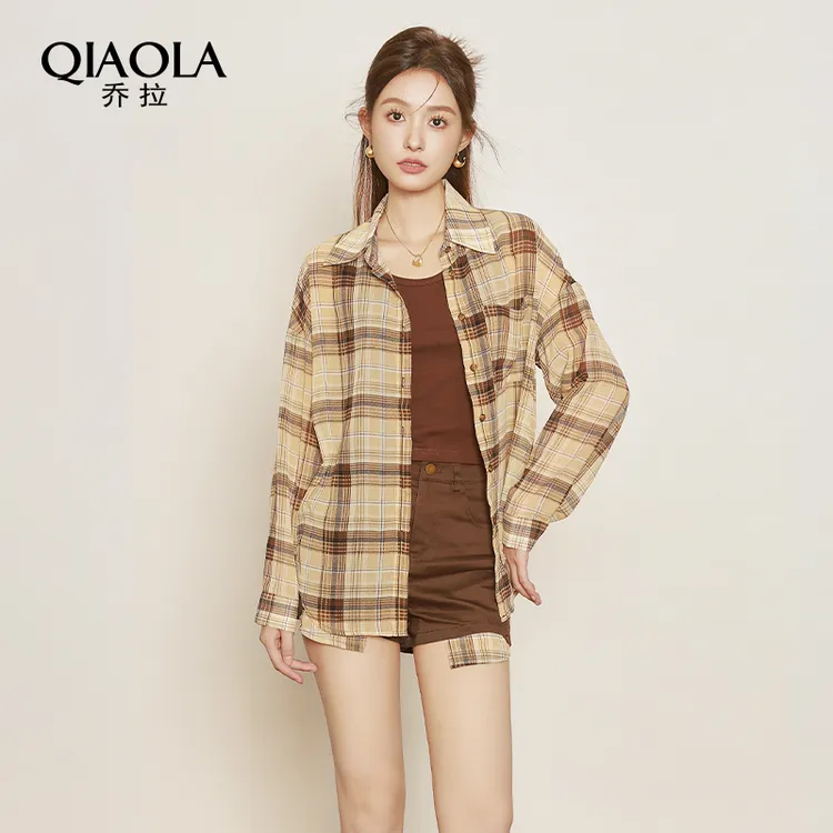 QIAOLA/乔拉【冰镇可乐】小众设计夏季梭织格纹休闲百搭上衣套装