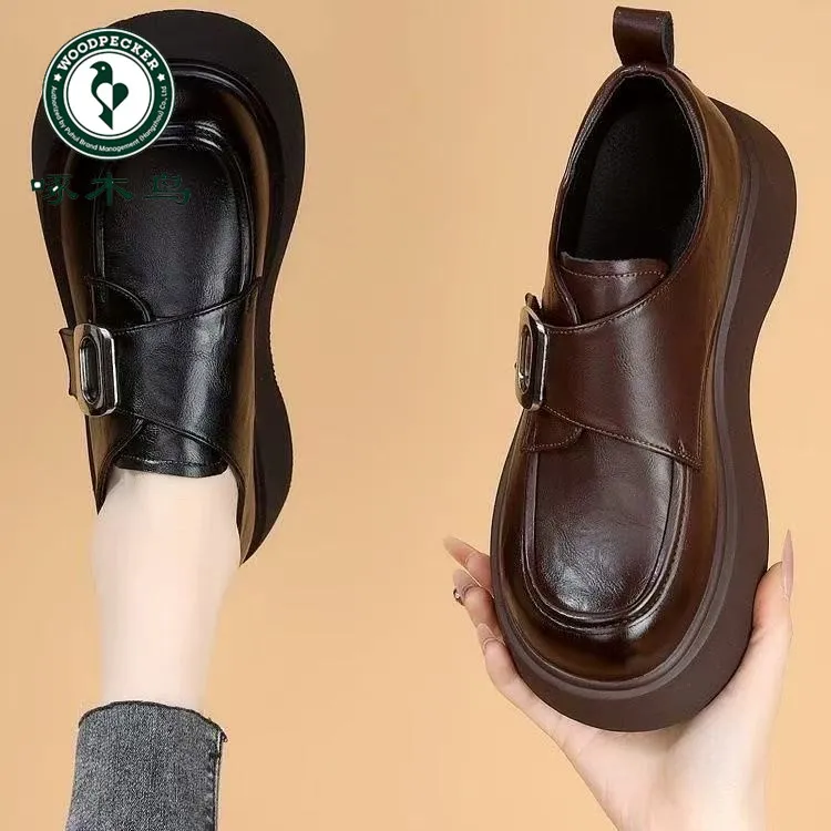 啄木鸟英伦风乐福鞋女2025春秋季女鞋黑色厚底增高小皮鞋百搭鞋子